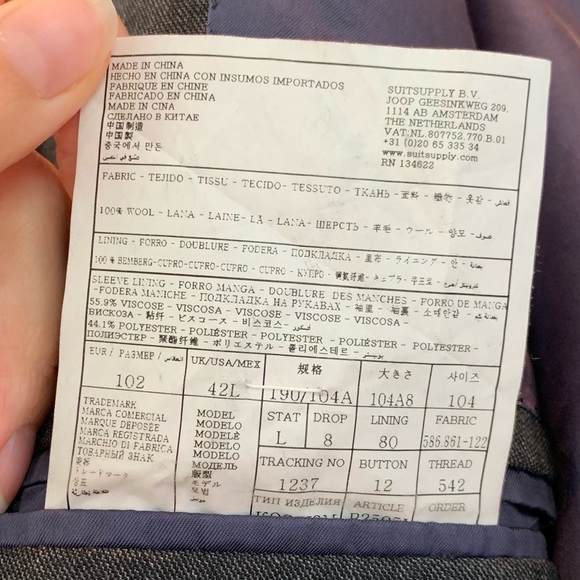 Suit Supply Blazer Vitale Barberis Canonico Super 110s Wool Jacket Gray Size 42L - Picture 8 of 9